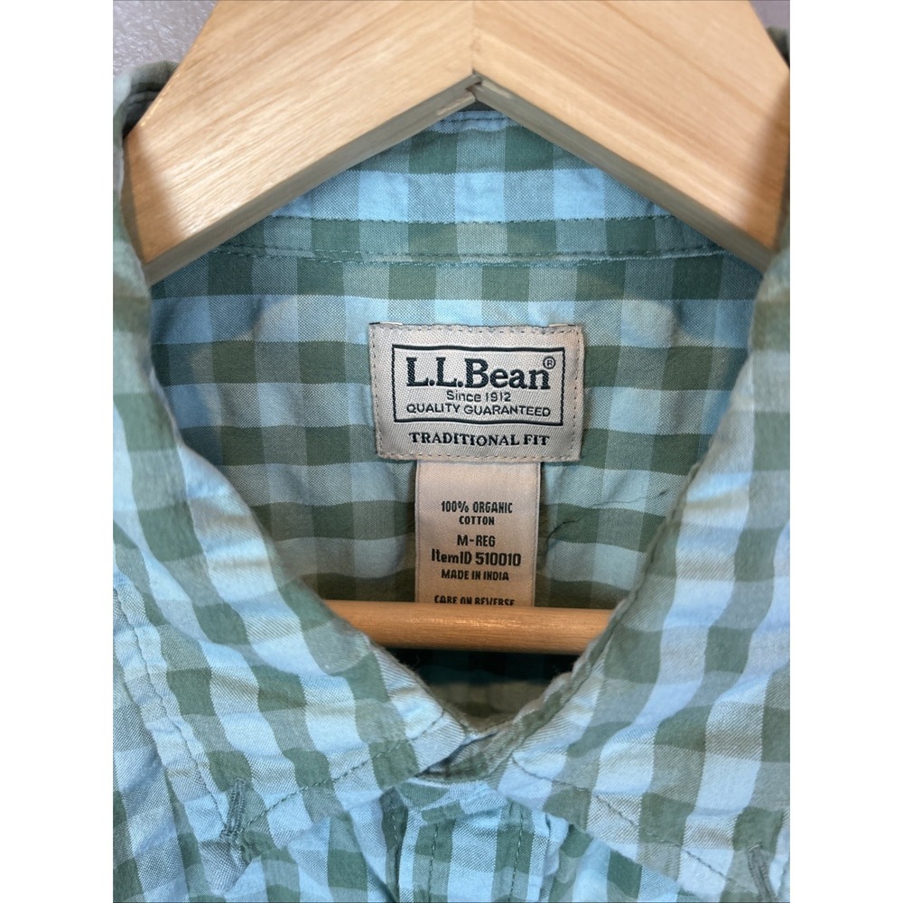 LL Bean Gingham Seersucker Button Down Camp Shirt Mens Size M-Reg Organic Green - Picture 2 of 7